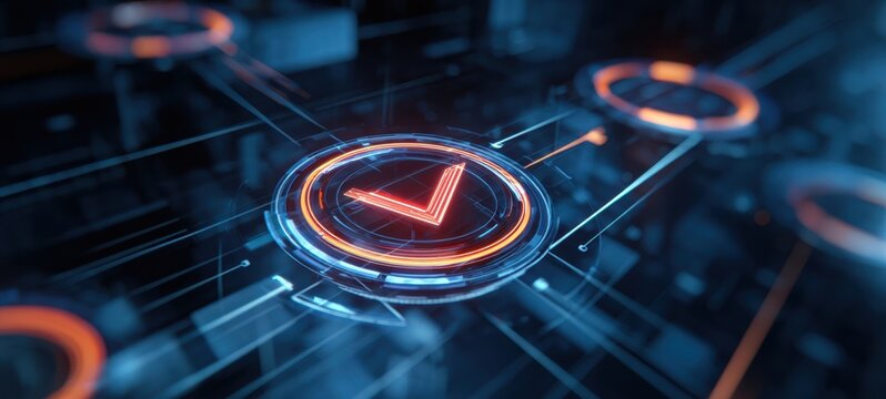 The Checkmark in a Futuristic Neon Digital Interface with Glowing Circuitry - Powered by Adobe