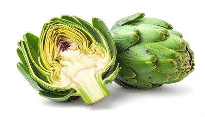Obraz premium Fresh artichoke and cut half on white background