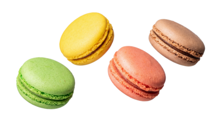 four colorful macarons arranged in a playful composition against a stark transparent background, highlighting their vibrant hues and delicate textures, perfect for dessert and confectionery themes.