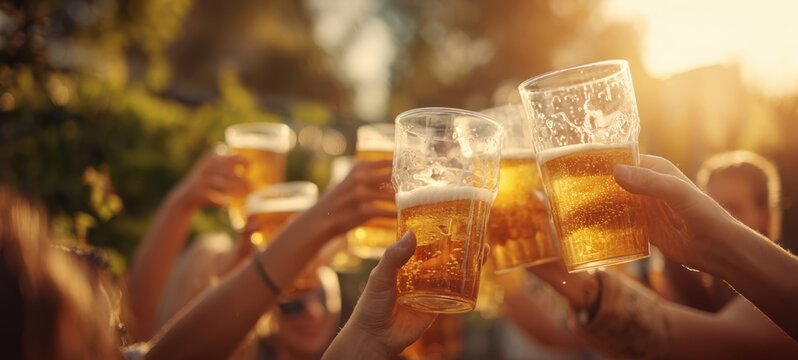 The Beer Glasses Clinking in a Warm Sunset Outdoor Celebration with Friends