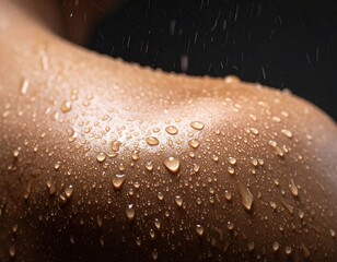 Gotas de lluvia cayendo sobre la piel humana en primer plano, textura detallada, luz fr&iacute;a y difusa, sensaci&oacute;n t&aacute;ctil de frescura y contacto