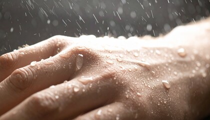 Gotas de lluvia cayendo sobre la piel humana en primer plano, textura detallada, luz fr&iacute;a y difusa, sensaci&oacute;n t&aacute;ctil de frescura y contacto