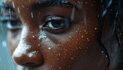 Gotas de lluvia cayendo sobre la piel humana en primer plano, textura detallada, luz fr&iacute;a y difusa, sensaci&oacute;n t&aacute;ctil de frescura y contacto