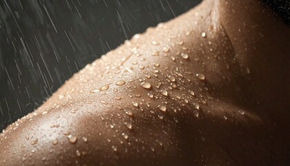 Gotas de lluvia cayendo sobre la piel humana en primer plano, textura detallada, luz fr&iacute;a y difusa, sensaci&oacute;n t&aacute;ctil de frescura y contacto