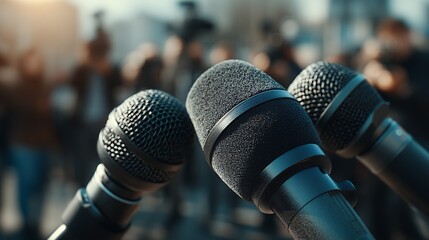 microphones stand ready for a press conference