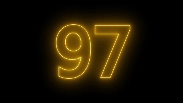 glowing neon text 97 number countdown icon. flickering neon number 97 on black background.