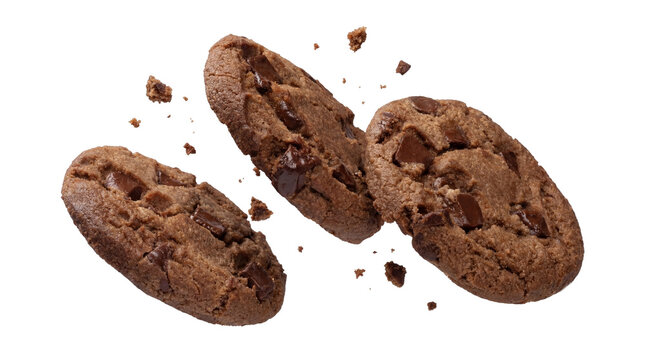 three chocolate chip cookies with chunks of dark chocolate, floating against a transparent background.