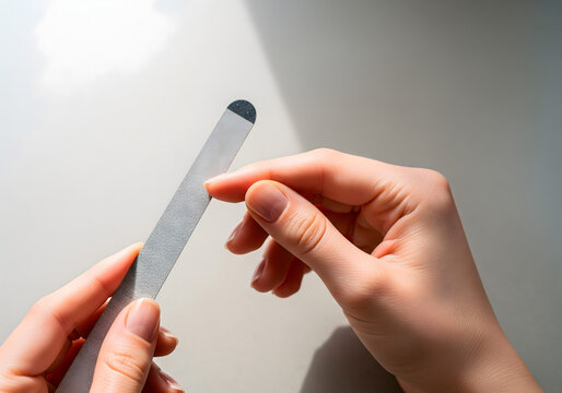 Woman filing her nails with a metal nail file in a close-up shot