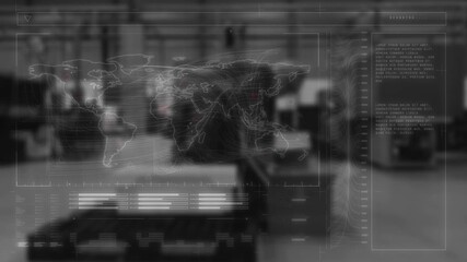 Animation of digital screen with diverse data and world map over blurred warehouse - Powered by Adobe