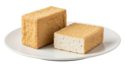 Two fried tofu on a white plate, white background isolated