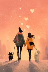 Couple walking dogs with floating hearts on romantic winter evening