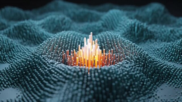 Abstract 3D rendering of a vibrant, glowing nanostructure emerging from a textured, undulating surface, conveying innovation and scientific breakthrough