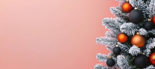 Frosted Christmas tree with orange and black baubles on a dark orange background for festive spirit