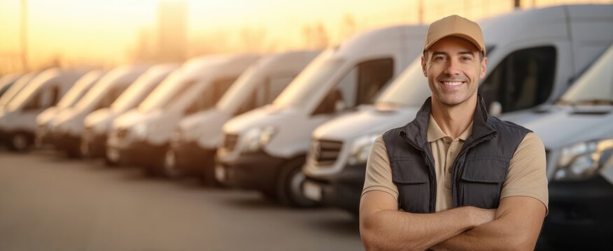 The Van Driver Standing Confidently in Front of a Fleet of White Vans at Sunset