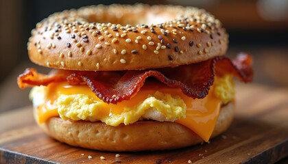 Close up photo of appetizing bagel sandwich. The sandwich includes scrambled eggs bacon and melted cheese on a wooden board. Breakfast food or brunch idea for cafe menu.