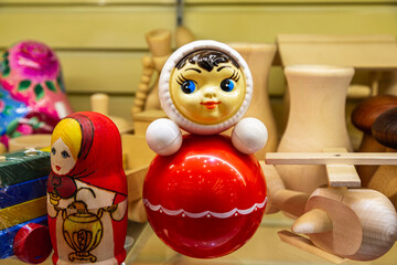 Traditional Russian roly-poly toy. Tumbler, happy childhood, nostalgia.