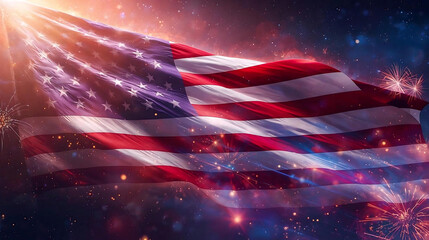 A vibrant American flag waving in the night sky with fireworks and stars