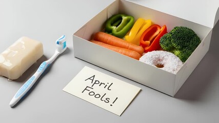 A humorous April Fools' Day prank setup featuring a box of vegetables and a donut, with a bar of soap and toothbrush nearby.