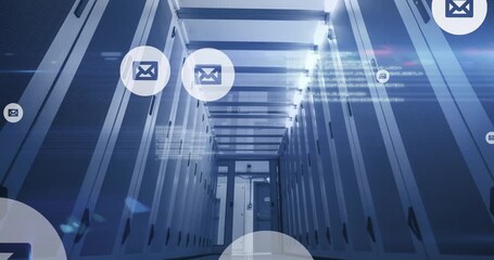 Animation of envelope icons and numbers and data processing over computer servers - Powered by Adobe