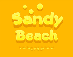 Vector Sunny flyer Sandy Beach. Summer Yellow Font. Cute 3D Alphabet Letters and Numbers set.