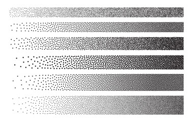 Dotted gradient halftone grain lines set. Vector abstract stippling textured grunge brushes, design elements