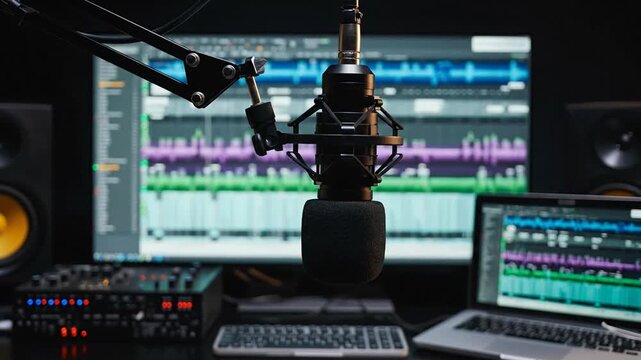 Recording studio setup with professional microphone, computer, and audio equipment, for music production and podcasting