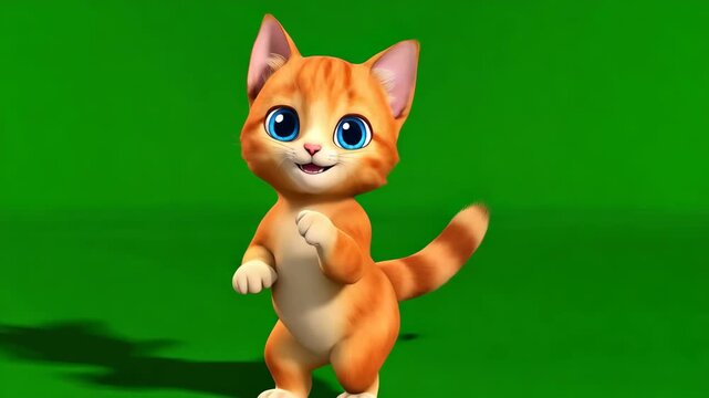 Cute animated orange kitten standing on a green background