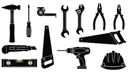 An assortment of black silhouette tools including a hammer wrench and saw