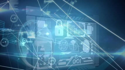 Glowing network of connections over city model and blood cell spinning on blue background - Powered by Adobe