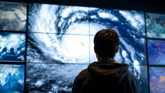 A man stands in front of a multi screen weather station, closely monitoring a powerful cyclone on high resolution satellite imagery. The image captures the intensity of modern climate science