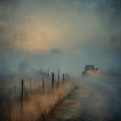 car driving on foggy country road