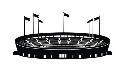 A simple black and white illustration of an empty oval sports stadium