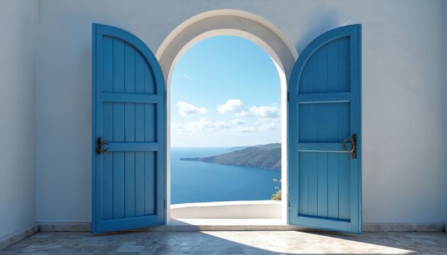 Arched window with blue shutters opens to ocean view. Scenic landscape framed by door. Serene scene captures blue sky water. Photo portrays mediterranean design aesthetic