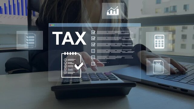 Digital tax calculation concept featuring income reporting, VAT, budget control, online payments and modern accounting for business and finance.