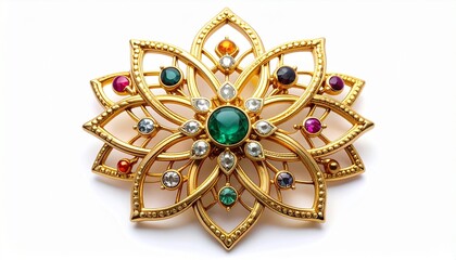 Ornate gold brooch shaped like layered flower with beaded petals and multicolored gemstones, centered with green gem, displayed on black background.