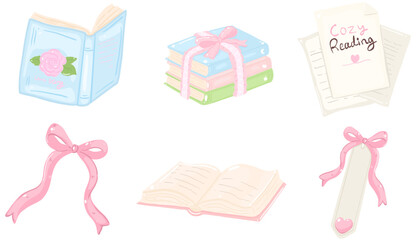 Bookish Clipart Coquette style Pink vector, collection of reading materials with a bow, perfect for a cozy afternoon reading session.