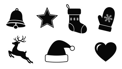 Black silhouette icons depicting christmas elements like reindeer hats and ornaments © Tm Studio