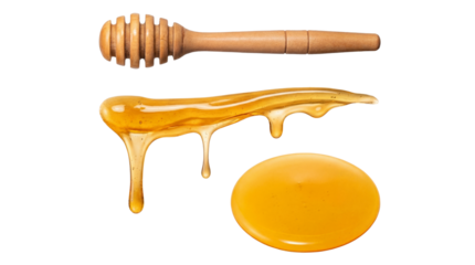 rich golden honey cascading from a wooden dipper with a pool of pure honey below on a dark backdrop.