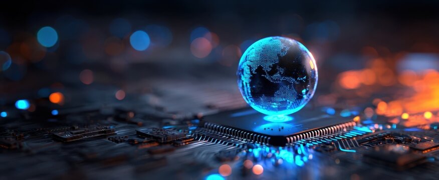 The Globe Hovering Above Microchip Representing Global Technology Connectivity and Digital Innovation - Powered by Adobe