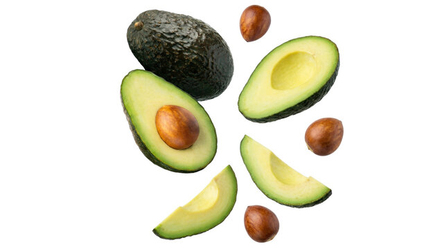 fresh avocado halves, whole avocado, and scattered seeds artfully arranged in a dynamic composition against a dark background, emphasizing natural health and vibrant green tones.
