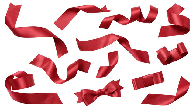a collection of flowing red ribbons and bows on a transparent background, perfect for gift wrapping and festive decorations.