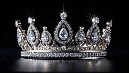 Ornate golden crown adorned with sparkling diamonds, placed on wet reflective surface with blurred golden bokeh lights in background.