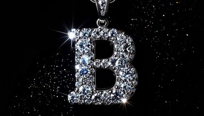 Diamond-encrusted pendant shaped like letter "B" suspended from chain, sparkling on black background.