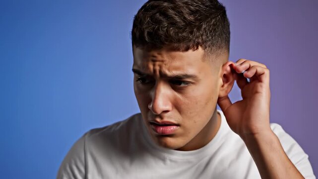 Young man suffering from an intense earache or tinnitus, covering his ear in pain and then inserting an earplug to block out loud noise, experiencing discomfort on a colored background