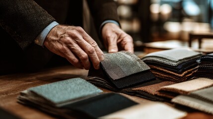 The Fabric Swatches in a Tailor's Hands during Professional Textile Selection