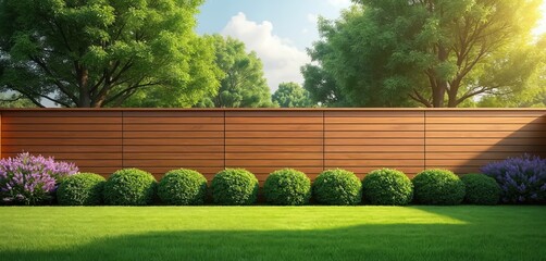 Modern wood fence separates backyard lawn. Green trees rise above private garden barrier. Round trimmed bushes, purple lavender plants line property edge. Sunny day provides calm outdoor atmosphere.