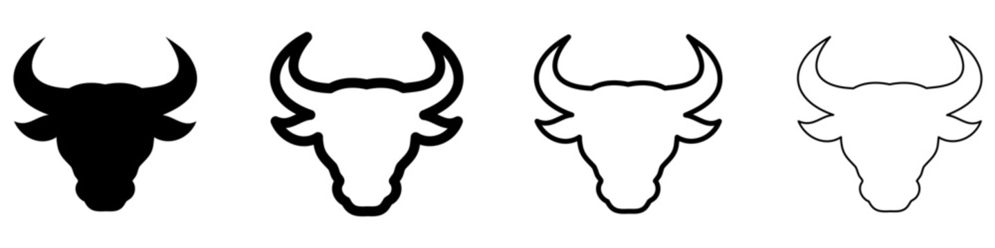 Bull head icon. Silhouette of a bull, cow or buffalo head with horns: black silhouette and outline lines. Four style variations. Vector illustration.