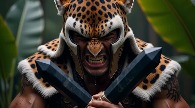 Fierce Aztec Jaguar Warrior with Intricate Tribal Mask in Tropical Jungle