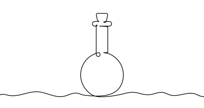 Round bottle with a stopper in one line art style. Drawing with editable black stroke on a white background. Vector illustration, potion or chemistry concept.