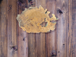 cross section piece of wood on wooden wall background.